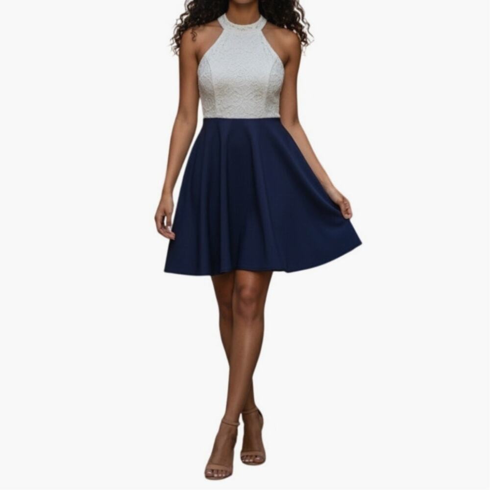B.Darlin Women's 1/2 Fit & Flare White Lace Bodice Navy Blue Sleeveless Dress
